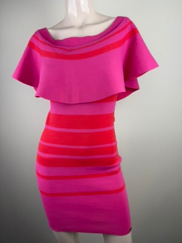 JOSH V - Jurk - roze/rood, horizontale strepen, volant - S