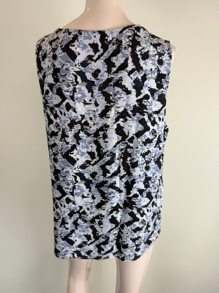 ICHI - Top - blauw-wit-zwart, abstracte print, mouwloos - L
