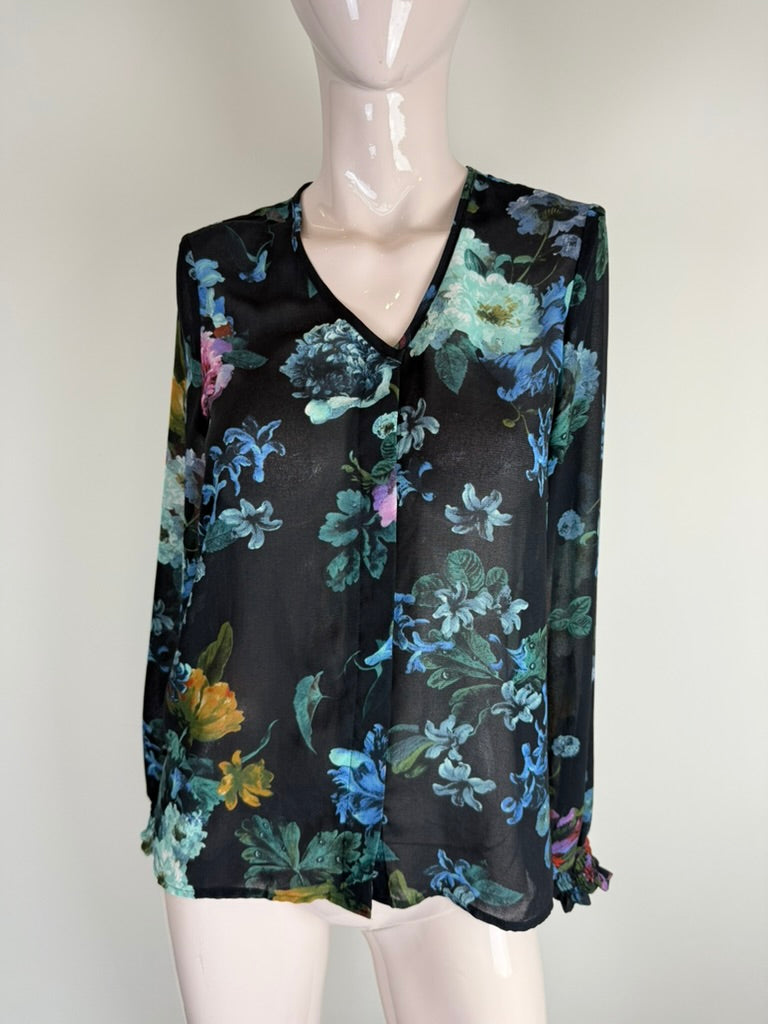Y.A.S - Blouse - zwart, bloemenprint, V-hals - S