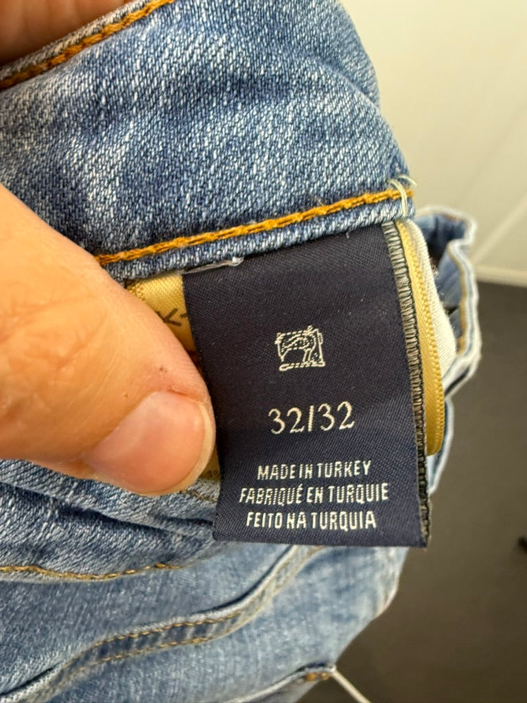 Scotch & Soda Broek - blauw denim, rechte pasvorm, zijbies met tekst - maat XL
