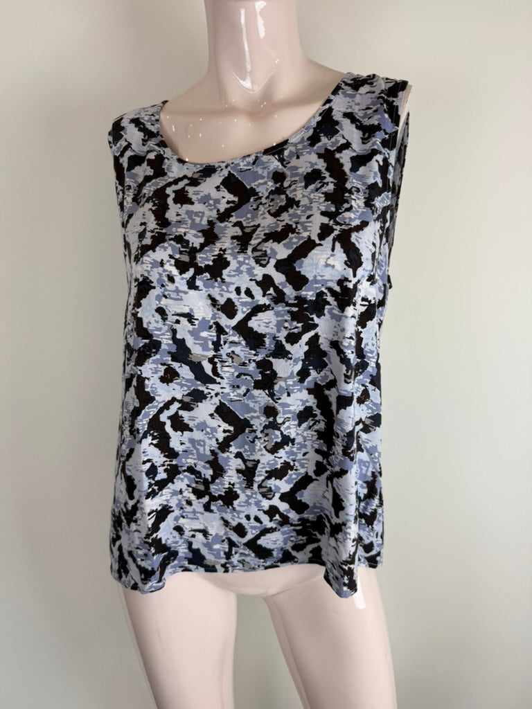 ICHI - Top - blauw-wit-zwart, abstracte print, mouwloos - L