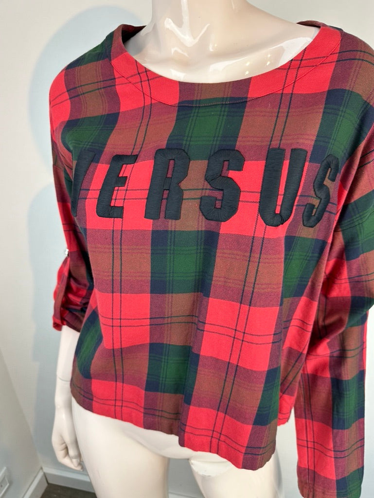 Versus Versace - Trui - rood-groen geruit, groot logo, ronde hals - M