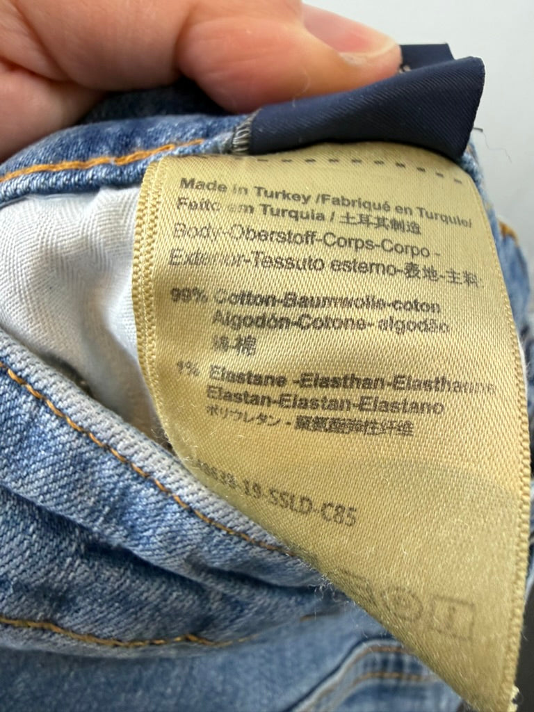 Scotch & Soda Broek - blauw denim, rechte pasvorm, zijbies met tekst - maat XL