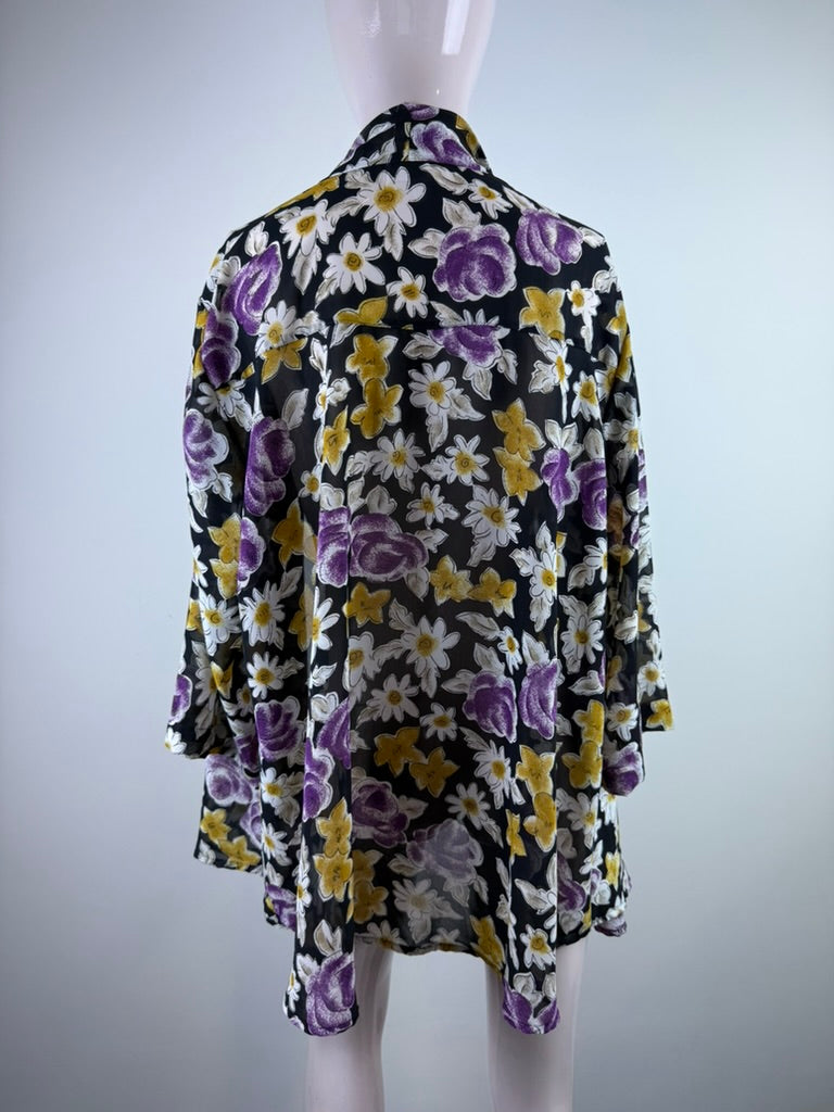 Primavera - Blouse - zwart met bloemenprint, open model - maat L