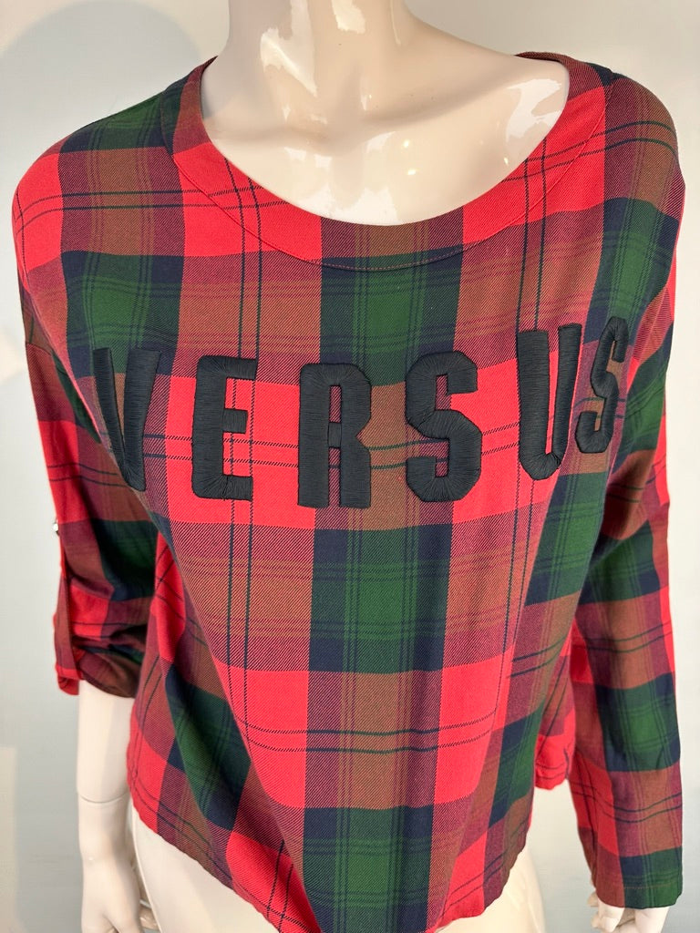 Versus Versace - Trui - rood-groen geruit, groot logo, ronde hals - M