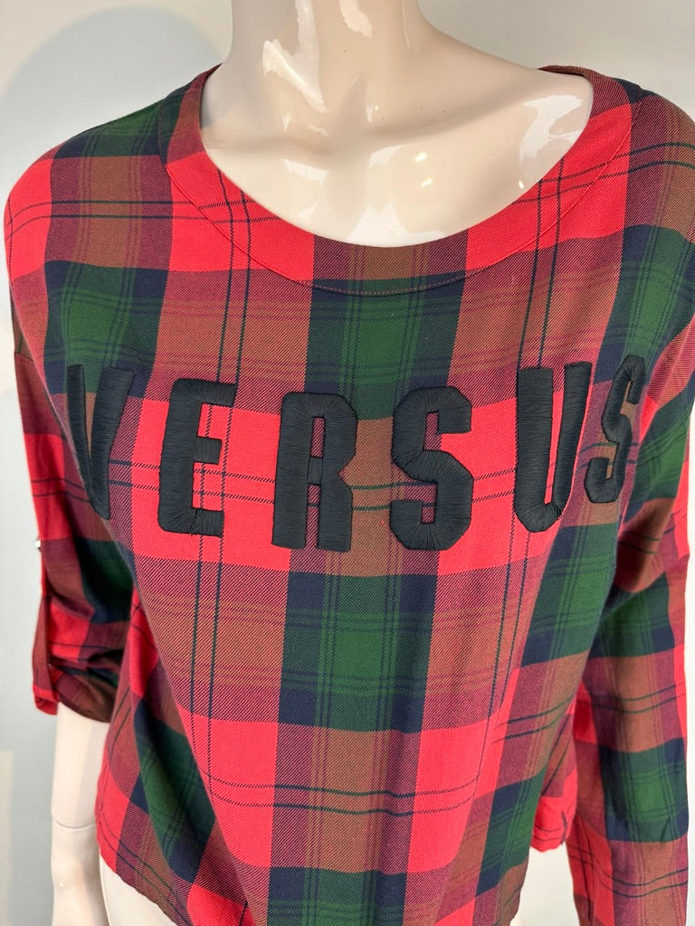 Versus Versace - Trui - rood-groen geruit, groot logo, ronde hals - M