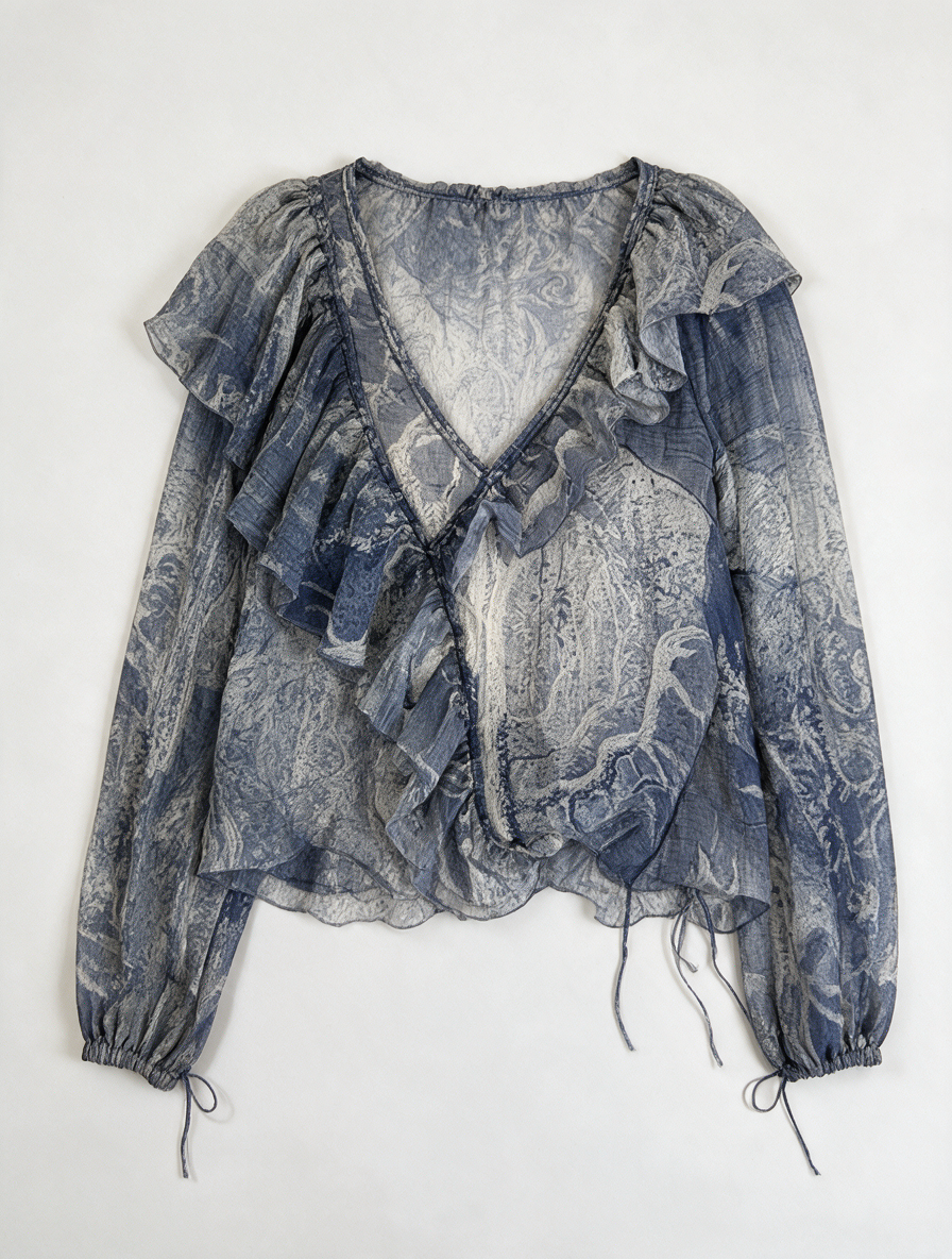 H&M - Blouse - blauw/beige patroon, diepe V-hals, ruches