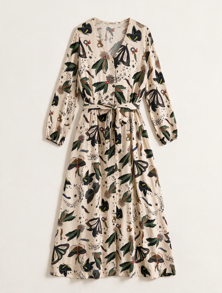 POM Amsterdam by Katja - Jurk - maxi-lengte, natuurprint, ceintuur in de taille - M
