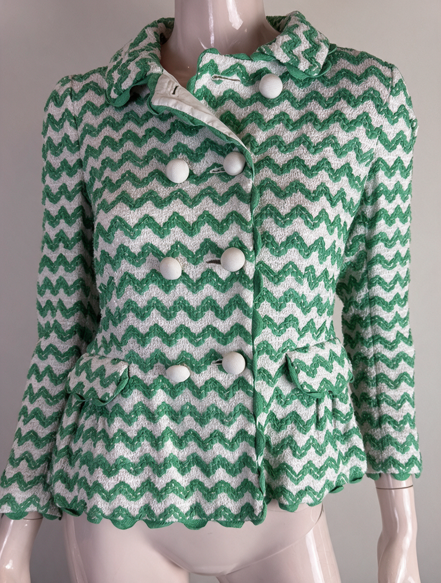 MOSCHINO CHEAP AND CHIC - Jas - groen-wit zigzagpatroon, dubbelrij knopen, driekwart mouw - M