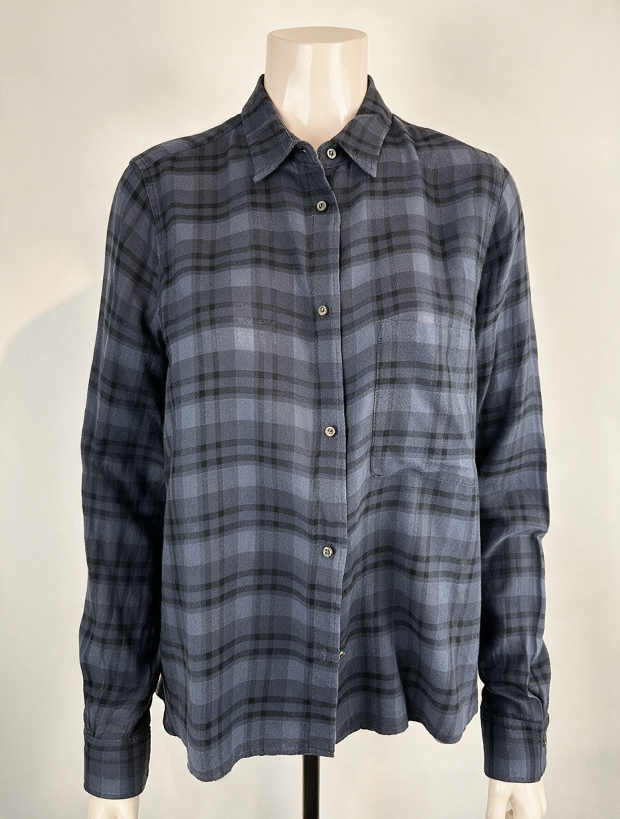 Pomandère - Blouse - grijs-blauw ruitpatroon, 100% katoen, volledige knoopsluiting - IT44 - NL40