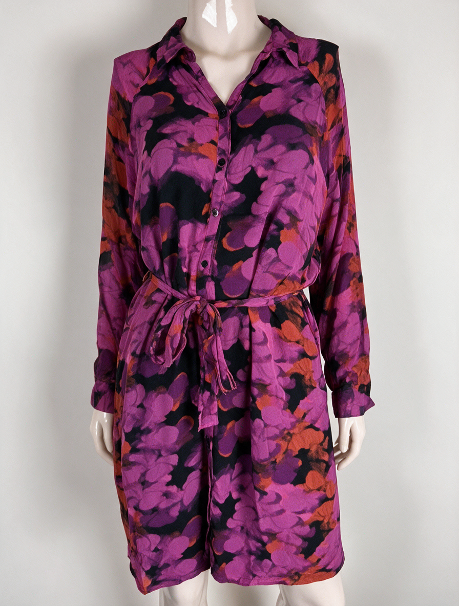 POM Amsterdam - Jurk - paars/roze/rood, abstracte print, ceintuur - M