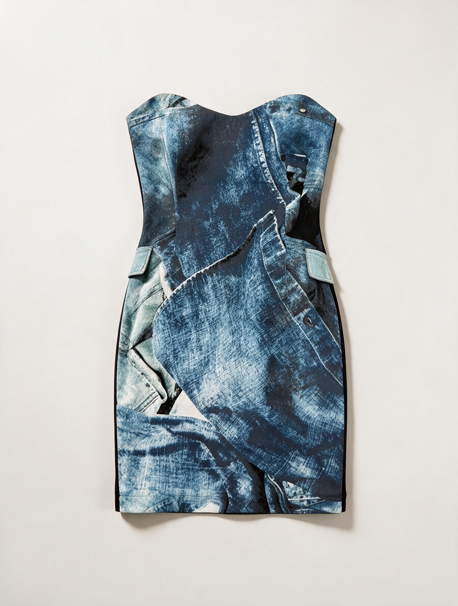 Just Cavalli - Jurk - blauw, denimprint, strapless - XS