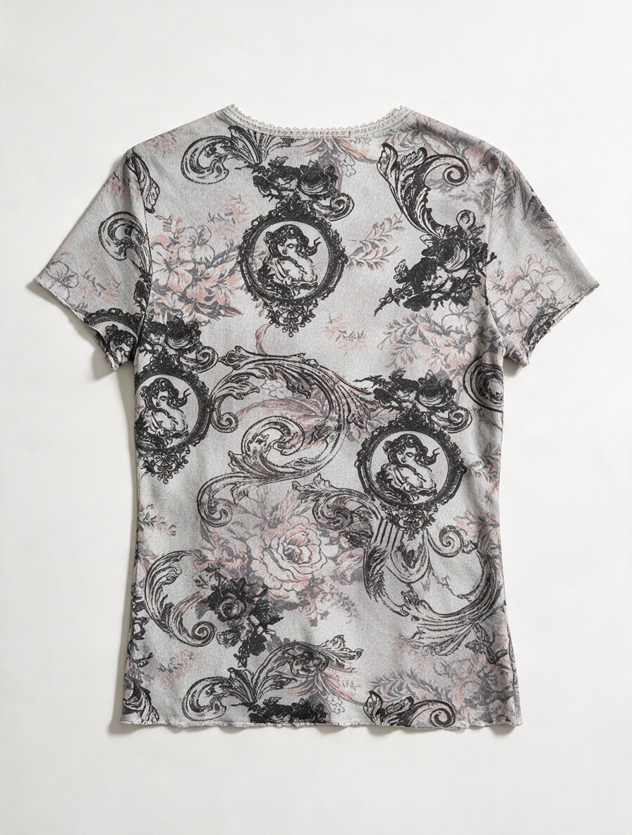 Bandolera - Top - grijs/roze, V-hals met kantafwerking, all-over print - L