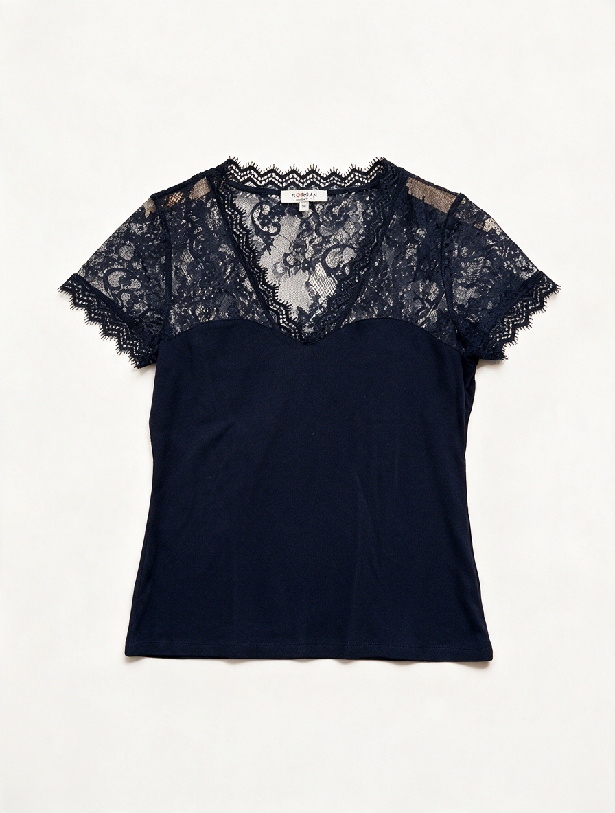 Morgan - T-shirt - donkerblauw, kant met bloemenpatroon, V-hals - XL