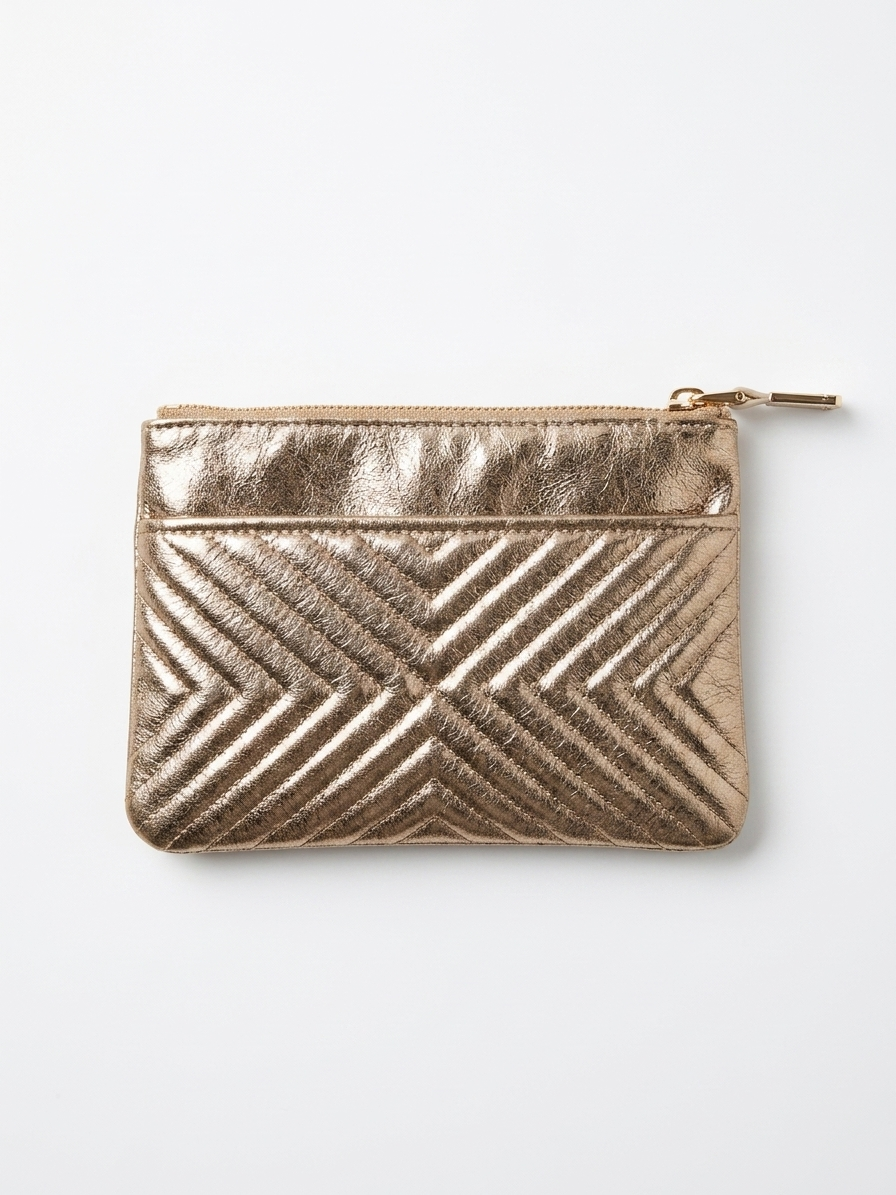 Clutch - goud, gestikt visgraatpatroon, ritssluiting