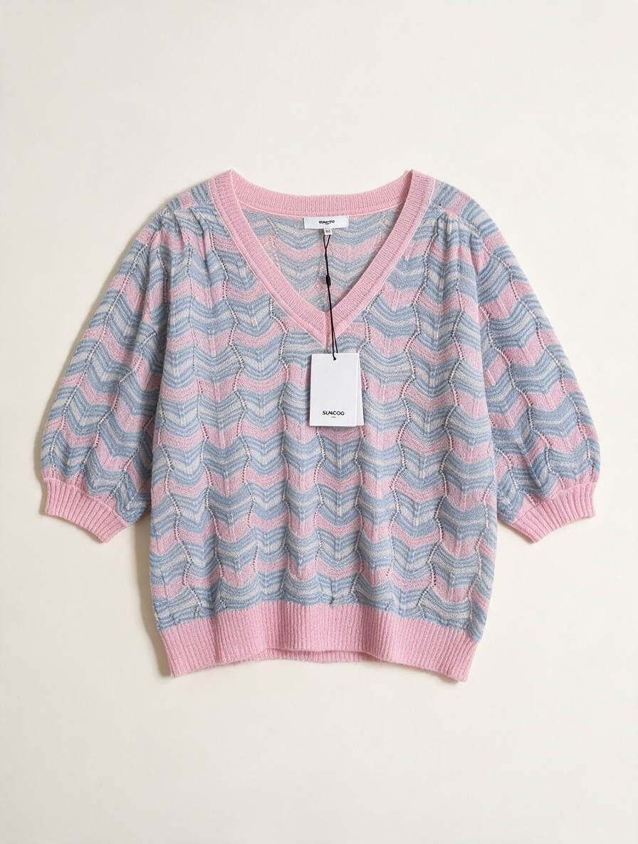 Suncoo - Trui - pastel roze/blauw, golfpatroon, V-hals - maat M
