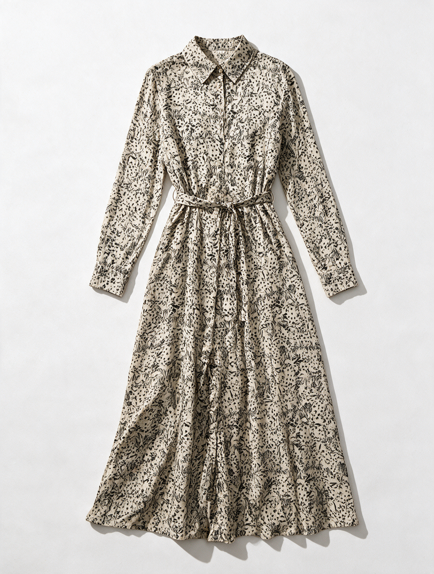 Second Female - Jurk - beige print, doorknoopsluiting, ceintuur - M