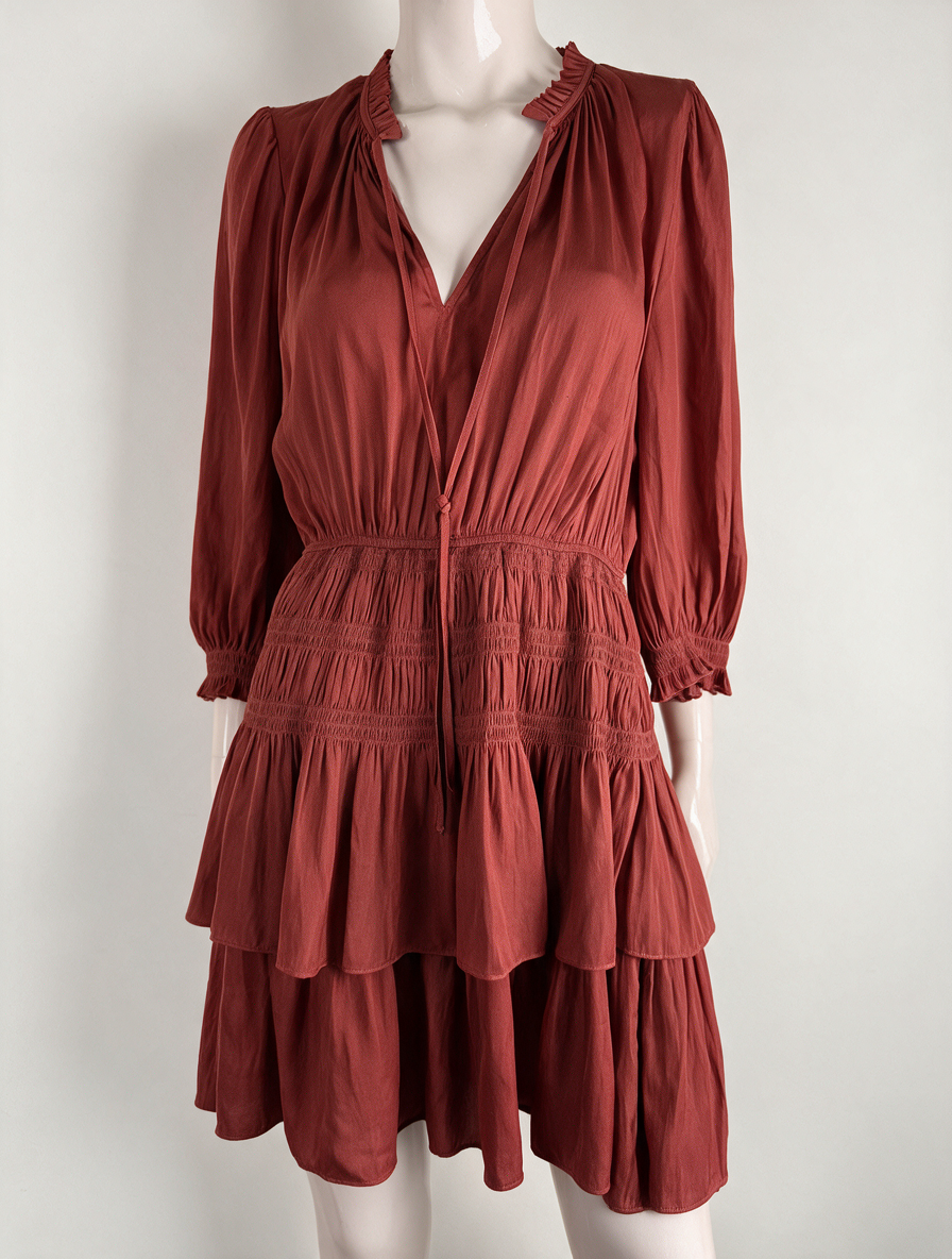 Maje - Jurk - roestrood, V-hals met ruches, gesmockte taille - M