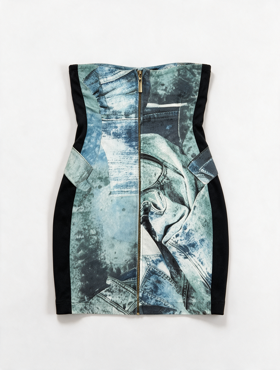 Just Cavalli - Jurk - blauw, denimprint, strapless - XS