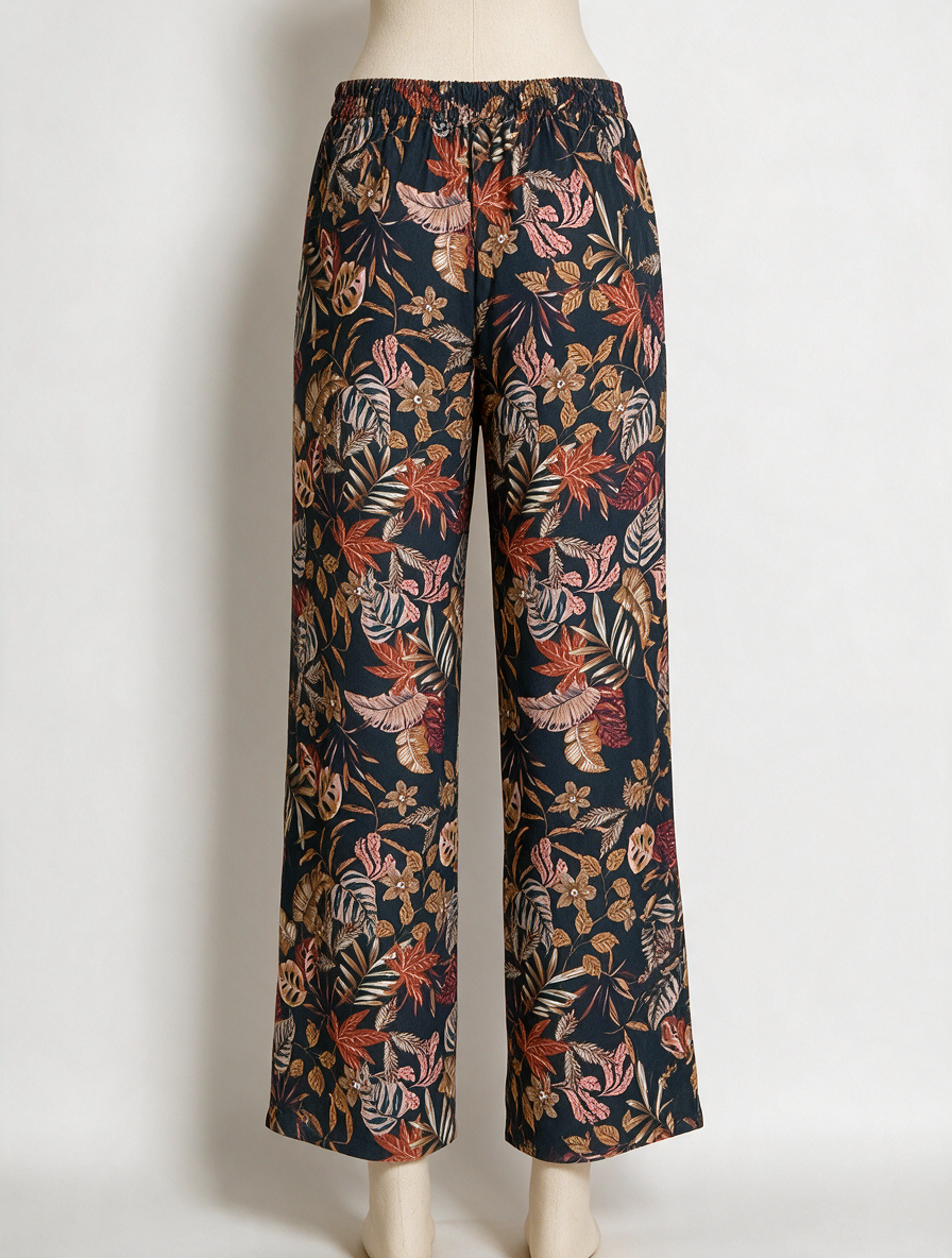 Four Roses - Broek - tropische bladerprint, wijde rechte pijpen, soepele stof - XL