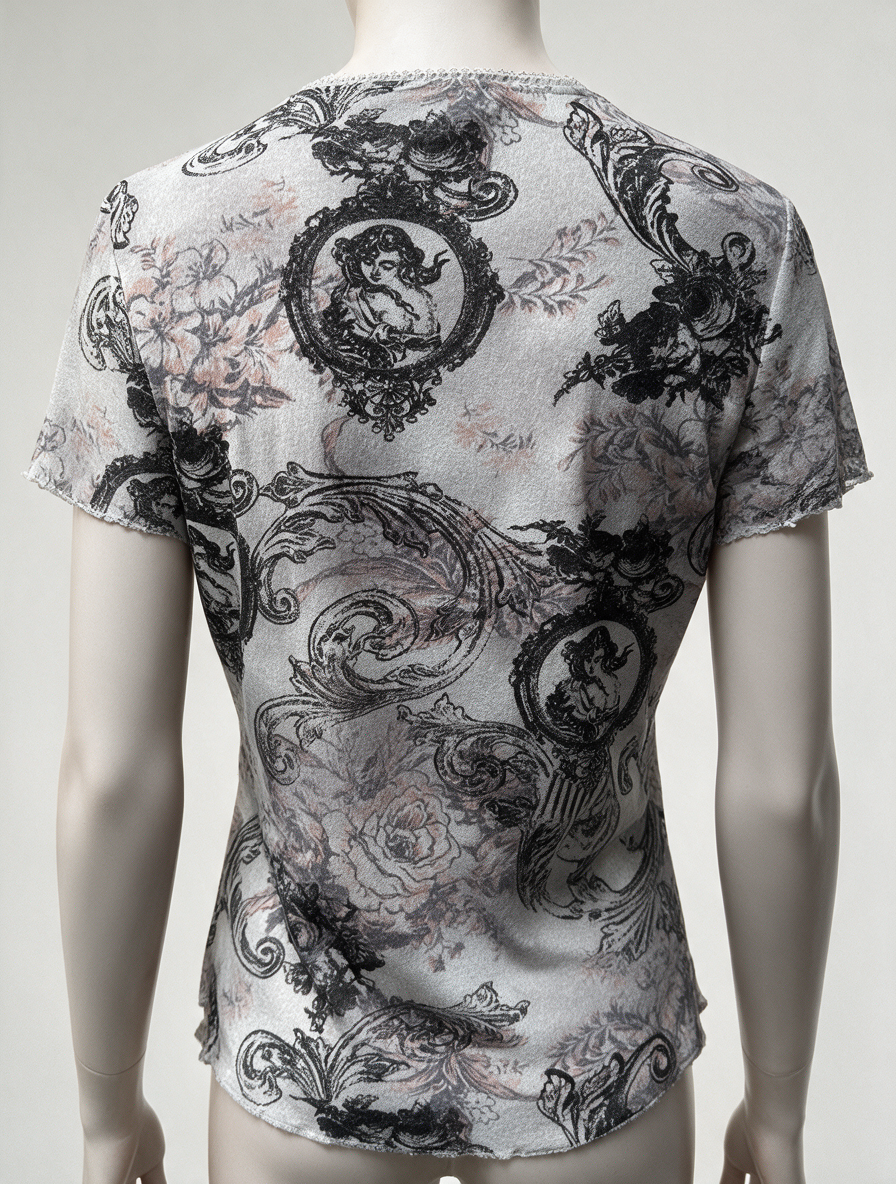 Bandolera - Top - grijs/roze, V-hals met kantafwerking, all-over print - L