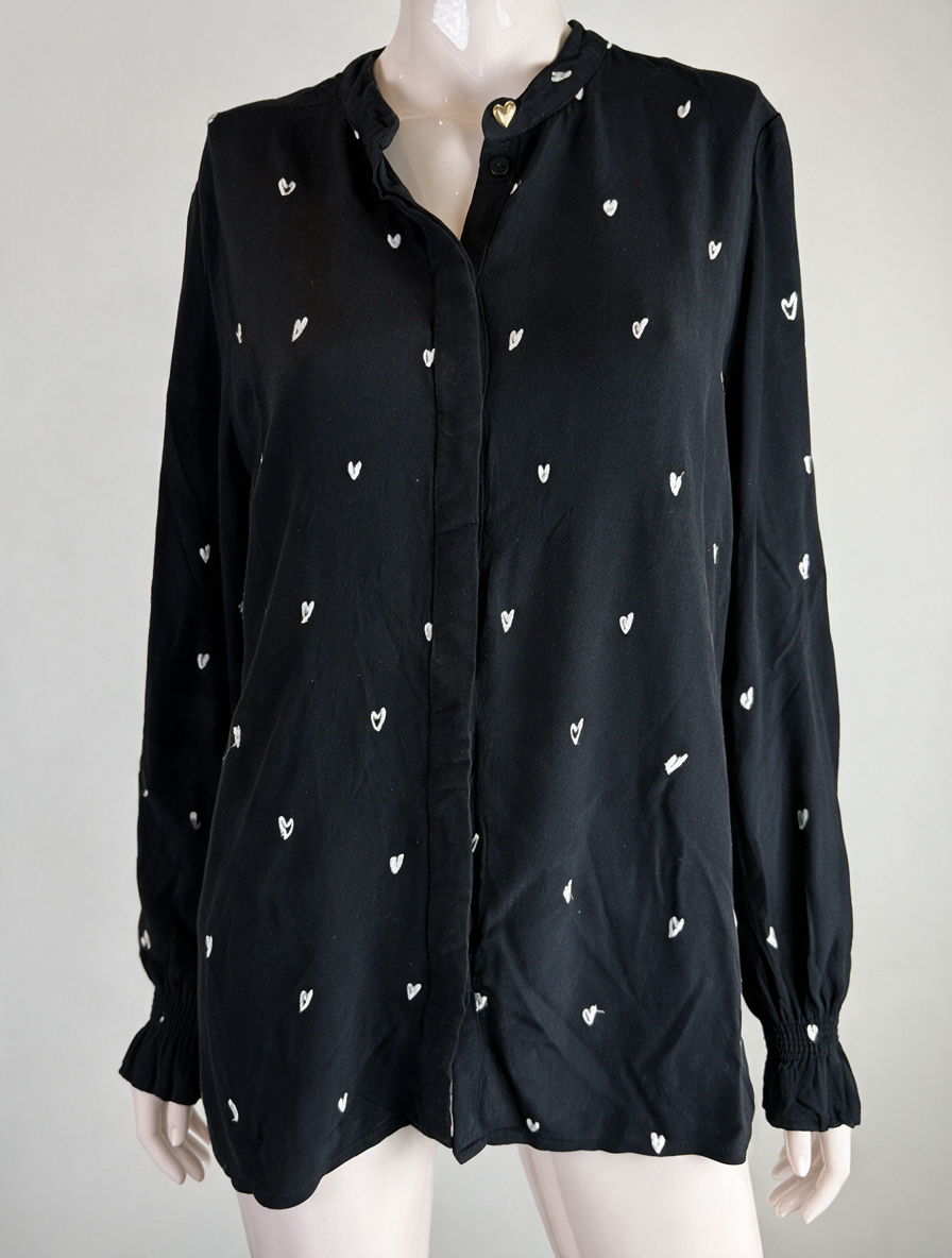 Fabienne Chapot - Blouse - zwart-wit, hartjesprint, opstaande kraag - L