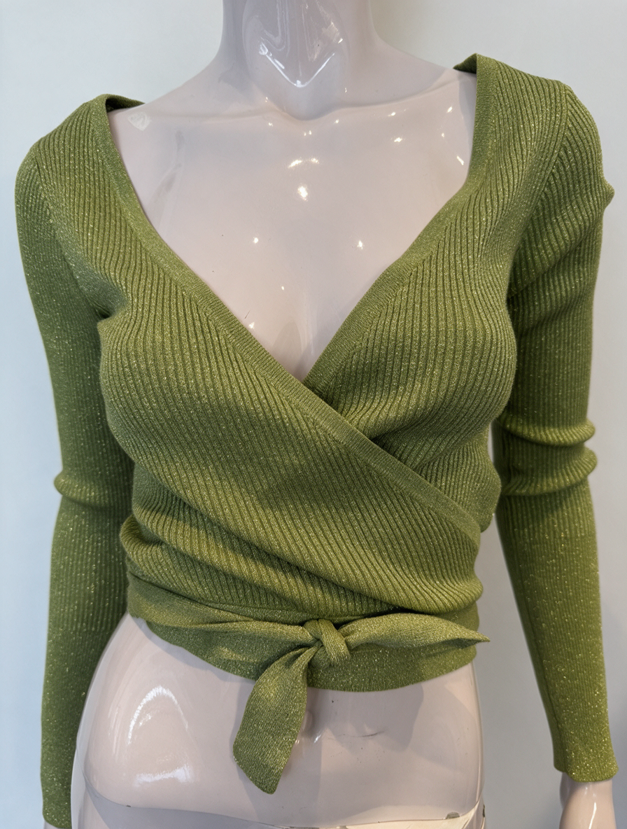 FRACOMINA - Vest - groen, ribgebreid, wikkelmodel - S