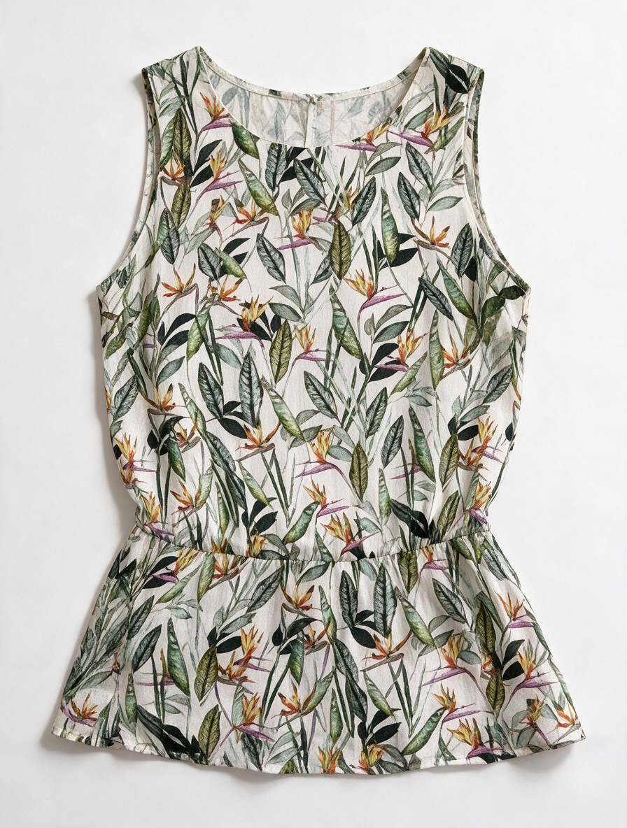 ESPRIT - Top - tropische bloemen- en bladerenprint, mouwloos, getailleerde taille - S