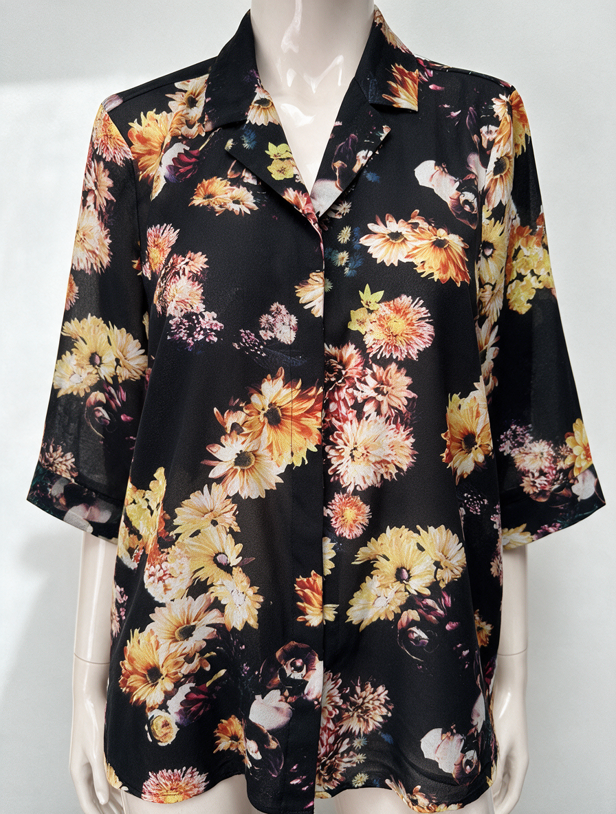 SELECTED - Blouse - zwart, bloemenprint, korte mouw - S