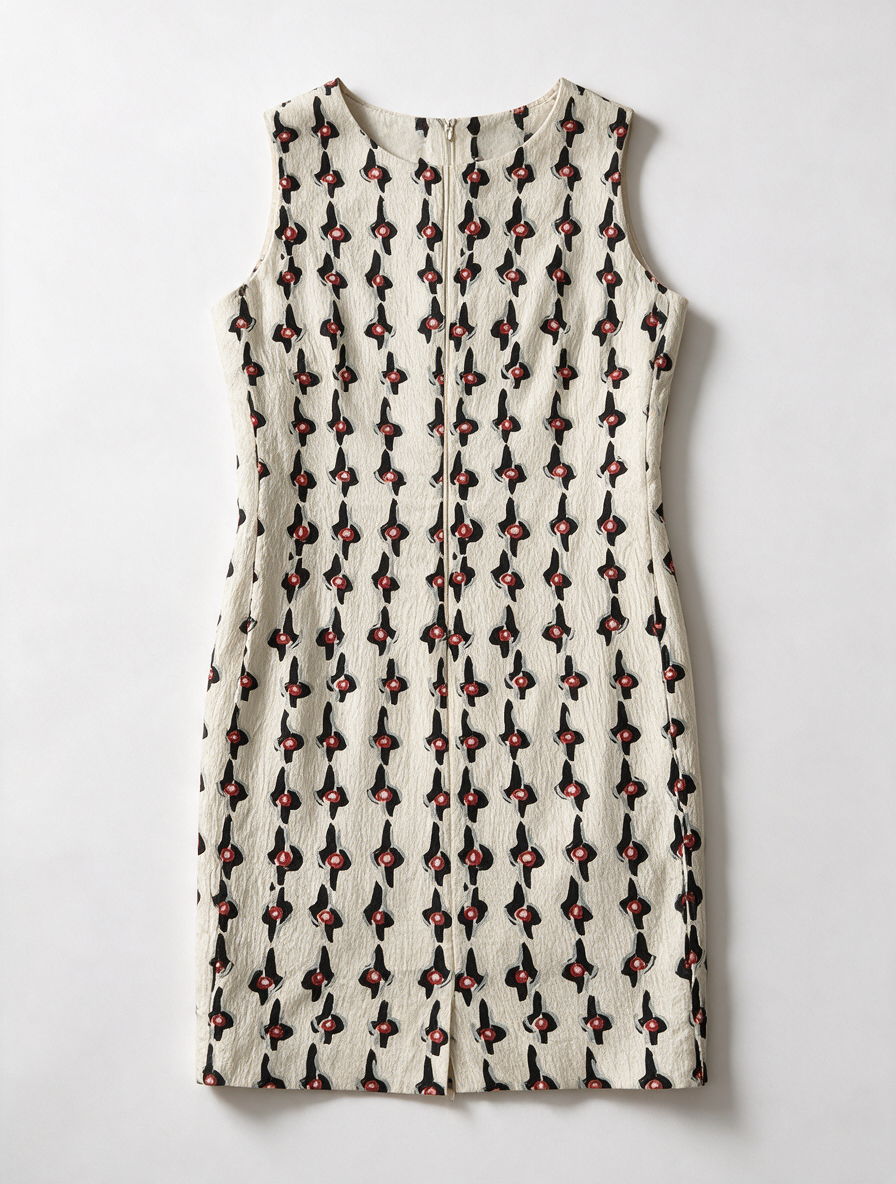 Natan Collection - Jurk - crème/zwart/rood, abstract patroon, mouwloos - M