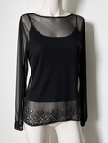 Blouse - zwart, transparante mesh, glitter rand - M