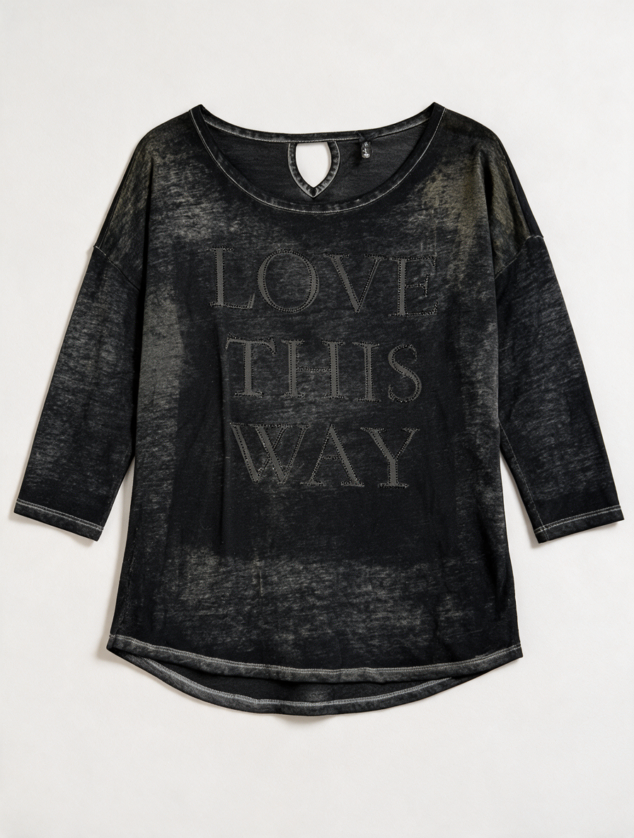 Key Largo Shirts - Top - zwart, tekstprint 'Love This Way', 3/4 mouw - M
