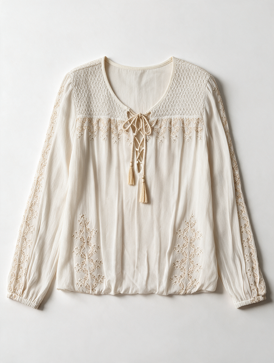 Summum Woman - Blouse - crème, geborduurd bloemmotief, vetersluiting - S
