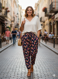 ESSENTIEL ANTWERP Broek maat L Donkerblauw met kleurrijke bladprint in roze, oranje, geel en wit