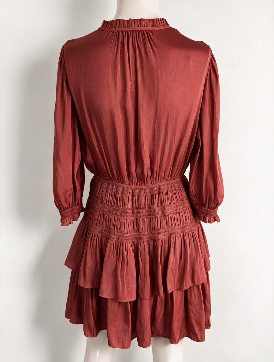 Maje - Jurk - roestrood, V-hals met ruches, gesmockte taille - M