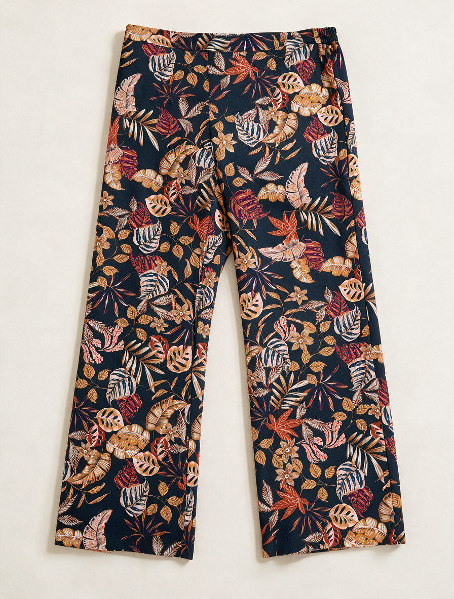 Four Roses - Broek - tropische bladerprint, wijde rechte pijpen, soepele stof - XL