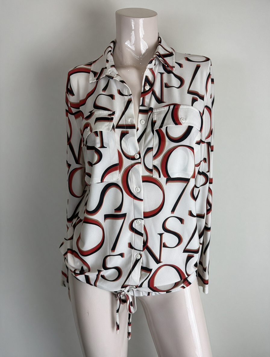 Zoso - Blouse - all-over cijferprint, wit-zwart-rood, strikkoord - M