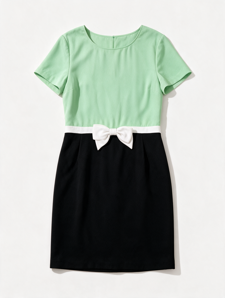 MOSCHINO CHEAP AND CHIC - Jurk - groen en zwart, strik in de taille, korte mouw - XL