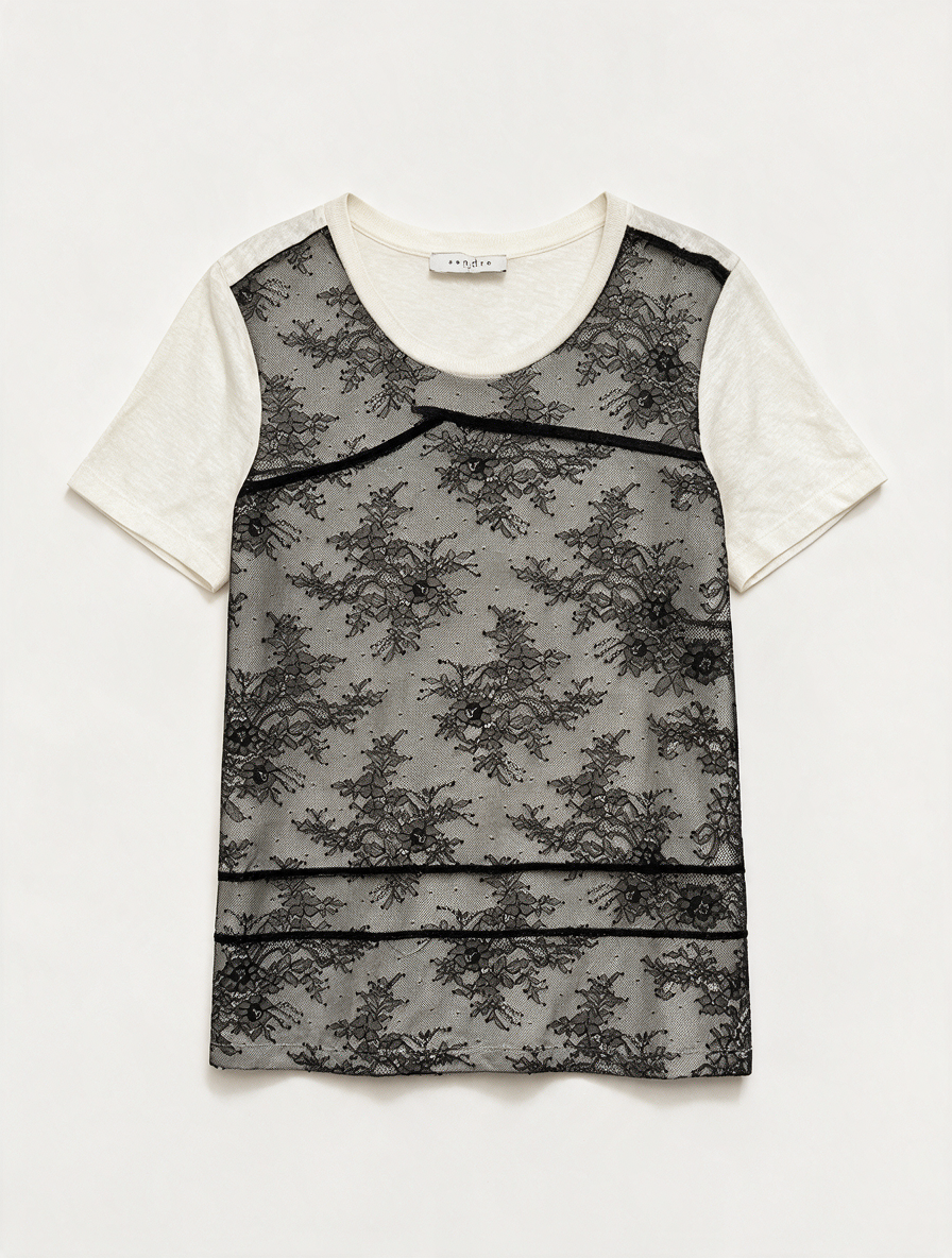 Sandro - T-shirt - crème/zwart, kanten voorkant, bloemenpatroon