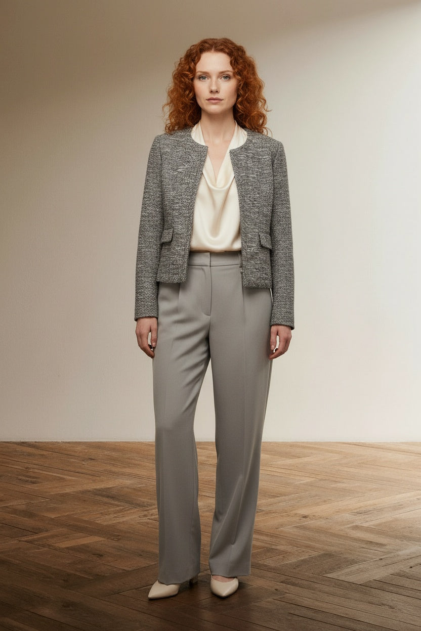 Full body view of the model wearing Ivybeau Colbert maat 38 Grijsblauw
