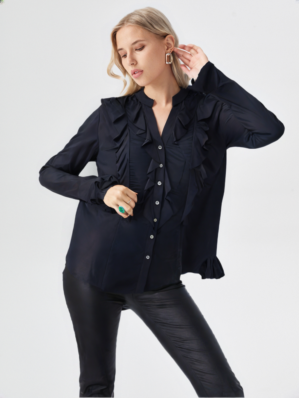 Helena Hart blouse donkerblauw met ruches – elegante blouse maat XL