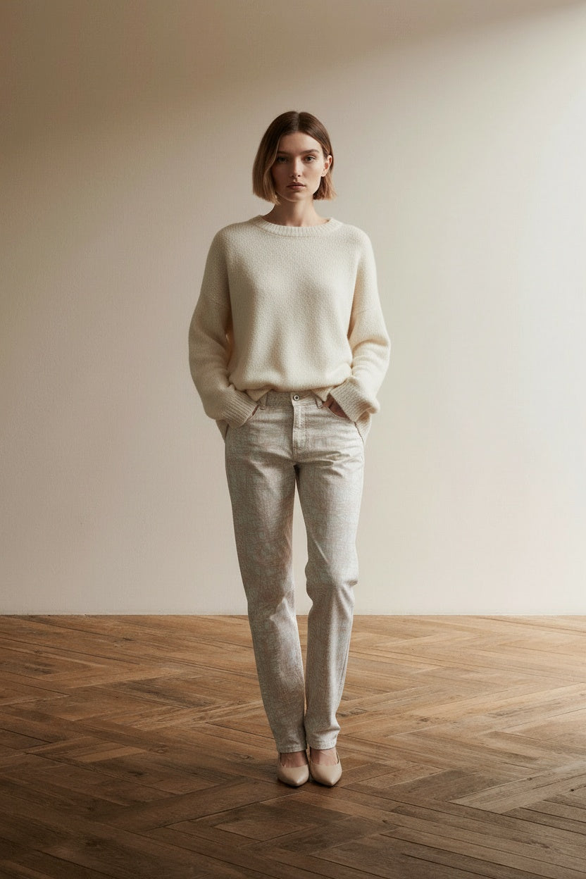 Full body view of the model wearing Para Mi Celine Skinny Jeans W40 L32 – Roze Beige Printbroek – Stretch Damesbroek