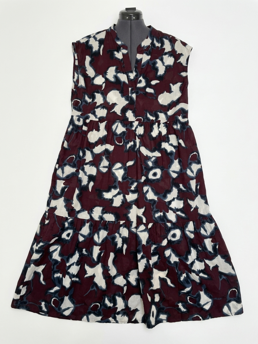 Mouwloze A-lijn jurk met abstracte print in bordeaux/blauw/wit – 38