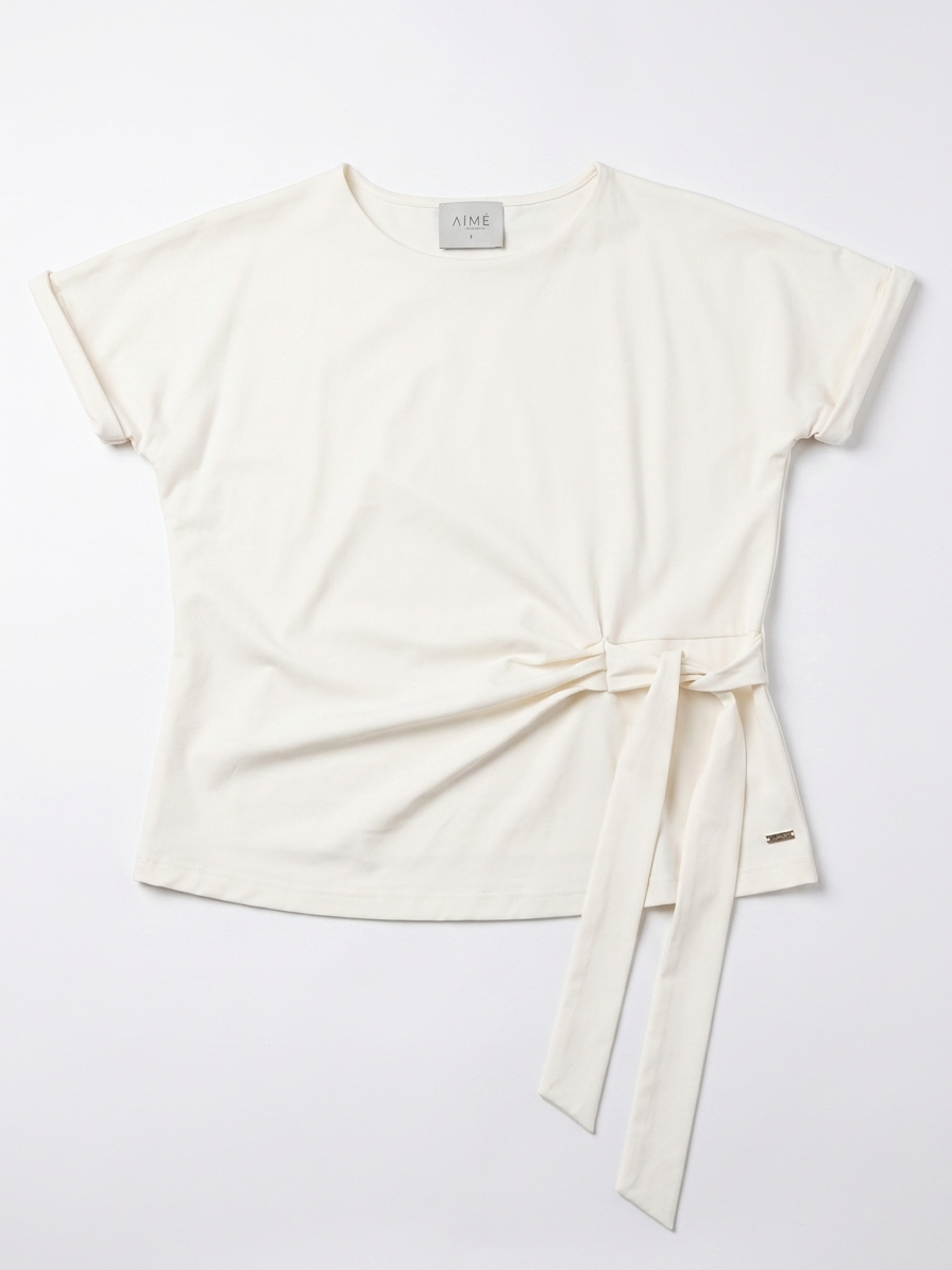 AIME - Blouse - crème, strikceintuur, korte mouwen