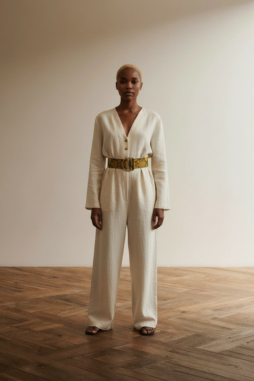 Full body view of the model wearing ba&sh Leren Riem Slangenprint Maat 75 – Gele Pythonlook Taille- en Heupriem