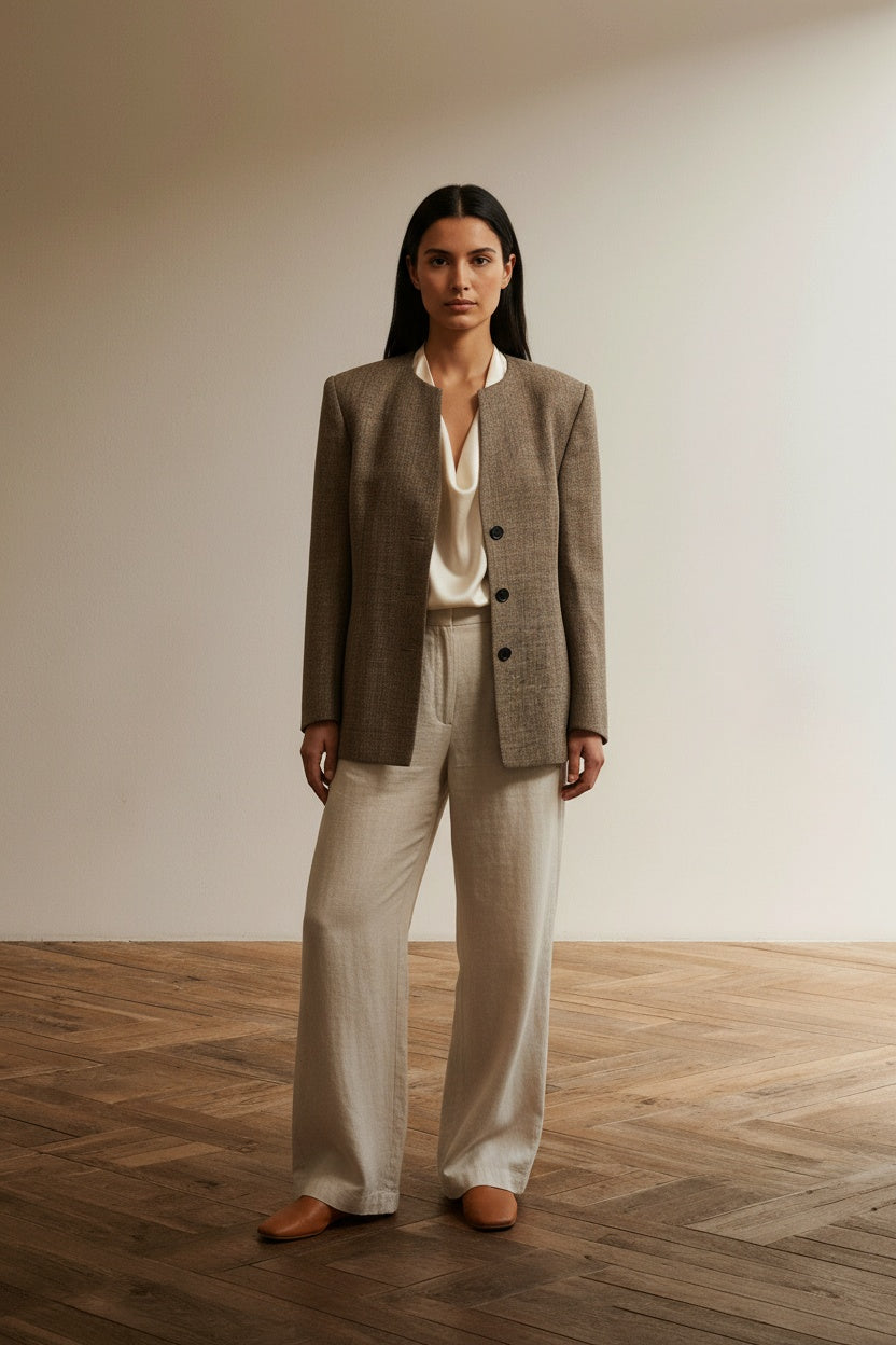 Full body view of the model wearing Eminé Blazer maat 42 Beige, bruin