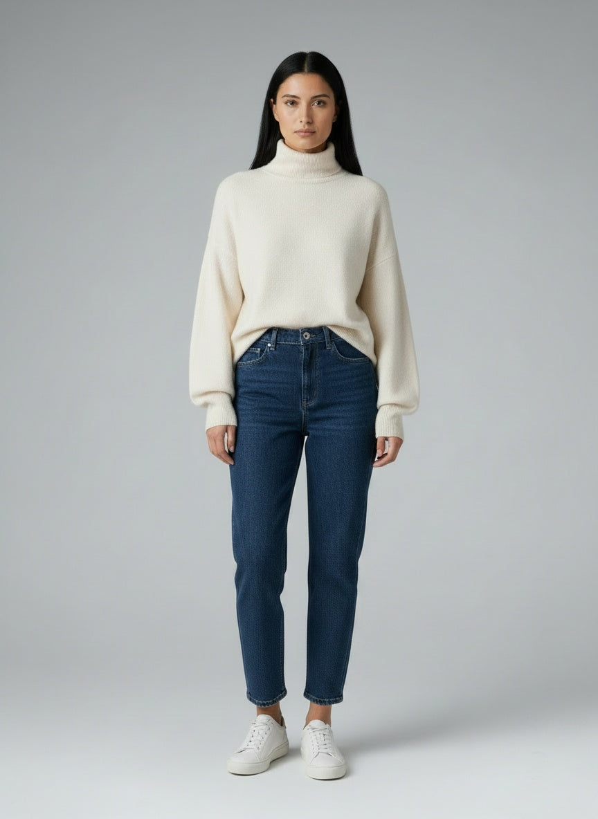 Full body view of the model wearing ba&sh jeans maat 1 – donkerblauwe straight fit denim - 100% katoen