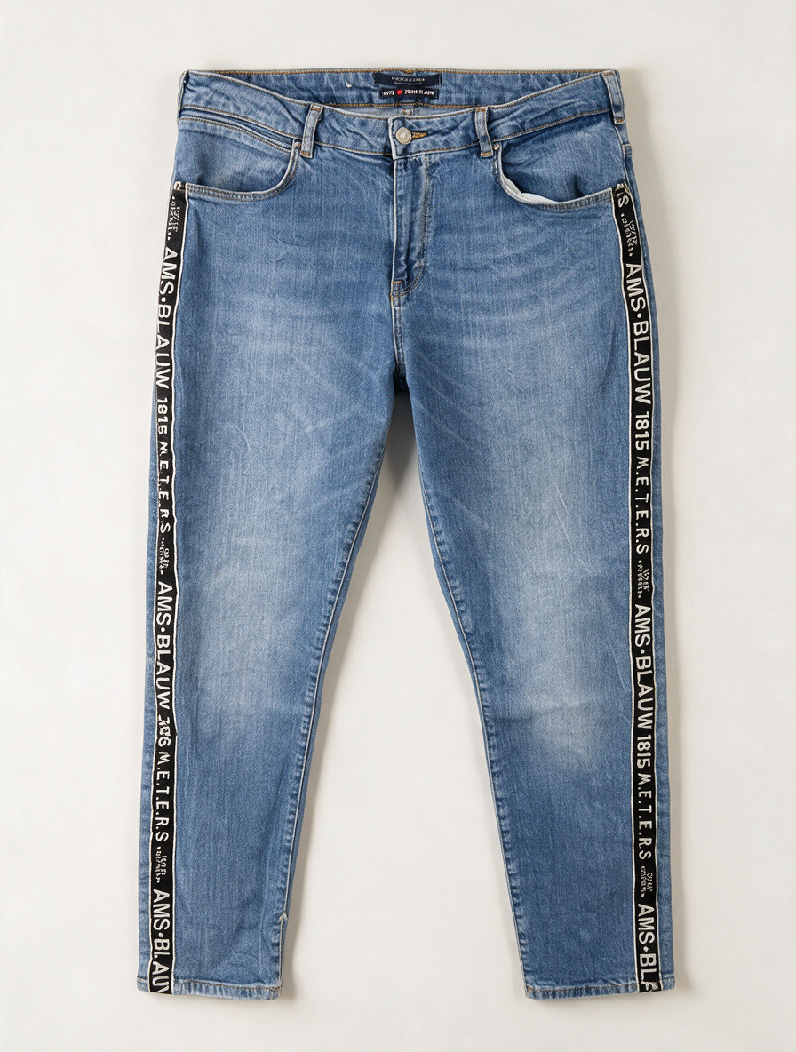 Scotch & Soda Broek - blauw denim, rechte pasvorm, zijbies met tekst - maat XL
