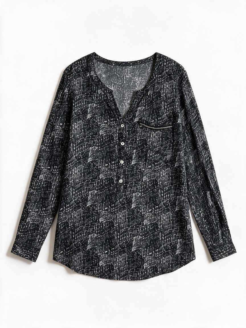 Street One - Blouse - zwart-wit patroon, V-hals, lange mouw - L