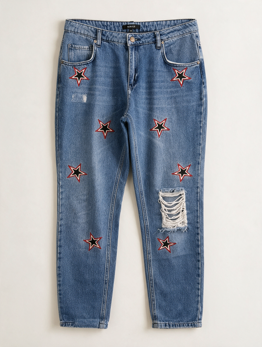 NIKKIE - Broek - blauwe denim, sterrenapplicaties, ripped detail - maat 30